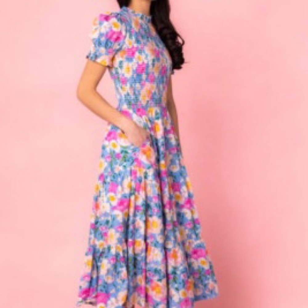 Ivy City Co 2x Delia Smocked Puff-Sleeve Midi Dress in Floral Blue NWT Feminine - Picture 3 of 12